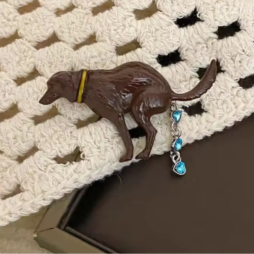 Anthropologie Brown Enamel Dog Brooch with Blue Gem Dangle